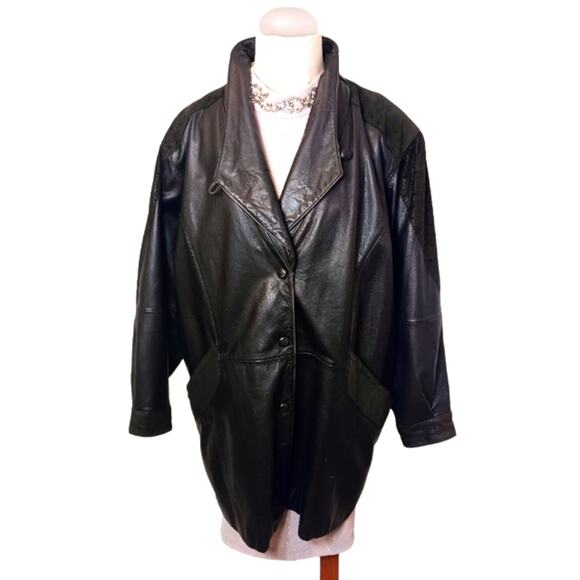 Y2K Leather Coat TEXTURED DETAIL Size L BLACK Patterned Accents Oversized Snaps - Picture 4 of 16